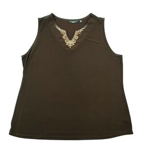 Susan Graver XL Artisan Brown Beaded Embellished‎ Sleeveless Tank Top Elegant